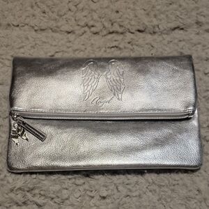 Victoria's Secret Angel Logo Silver with Pink Striped Lining Clutch